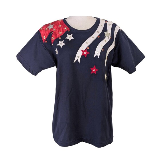 VTG Cactus Womens LG Stars 'n Stripes Navy Blue Rhinestone Tee Shirt - Picture 1 of 9